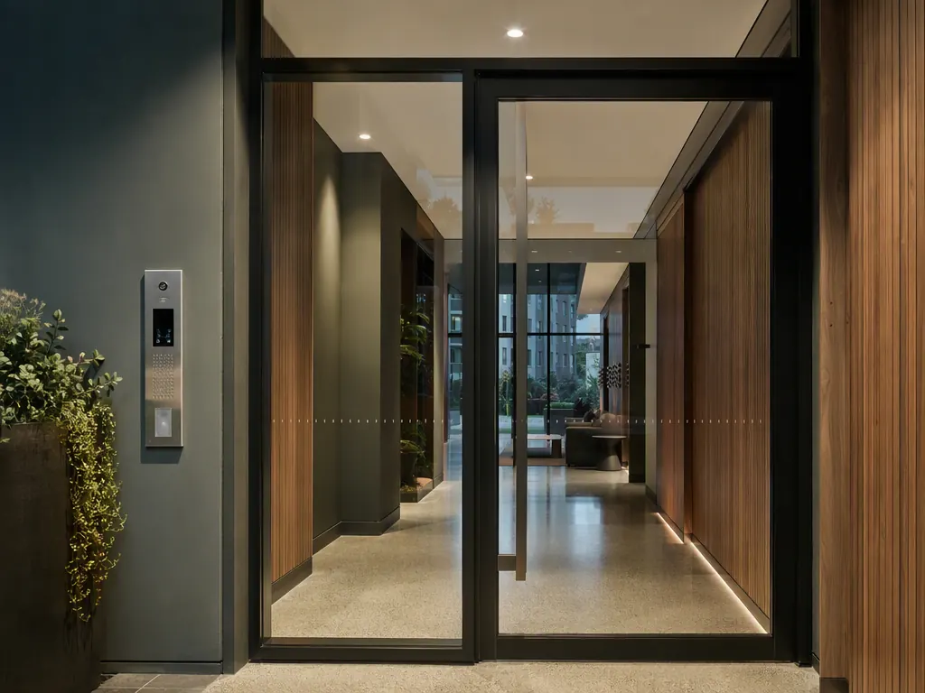 Contemporary apartment building entrance lobby with glass security door