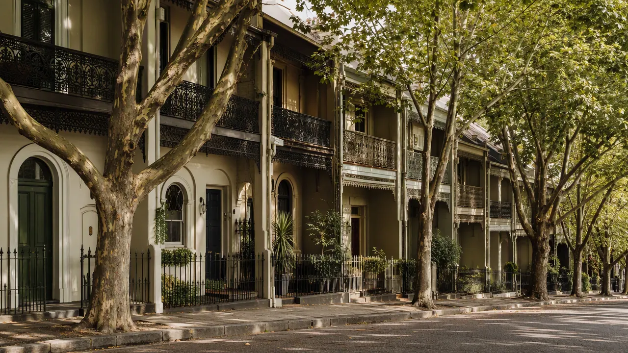 Streetscape of Victorian terraces with iron lacework on a tree-lined Surry Hills street