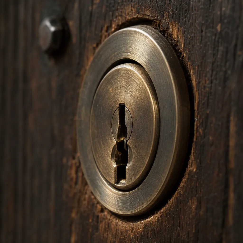 Macro photograph of a brass lock cylinder fitted in a timber door