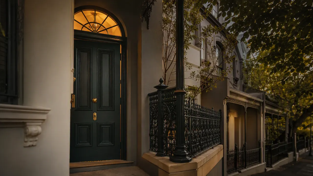 Victorian terrace front door in Surry Hills at dusk, with warm light glowing through the fanlight above