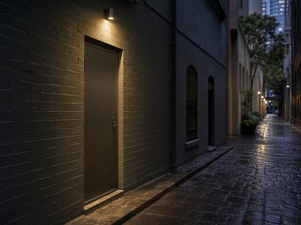 Steel security door in a laneway at dusk with warm downlight