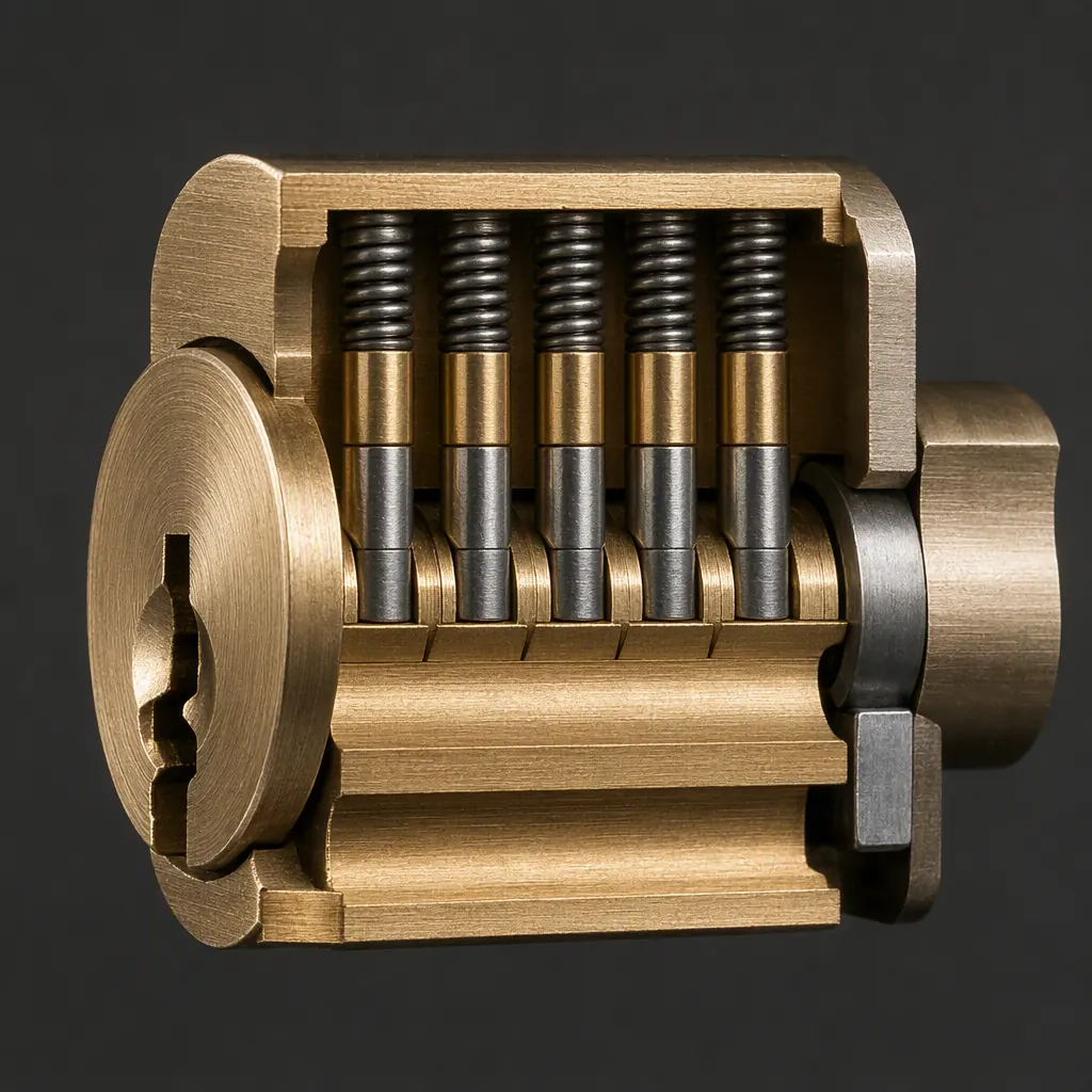 Cutaway cross-section of a pin tumbler lock showing plug, driver pins and springs