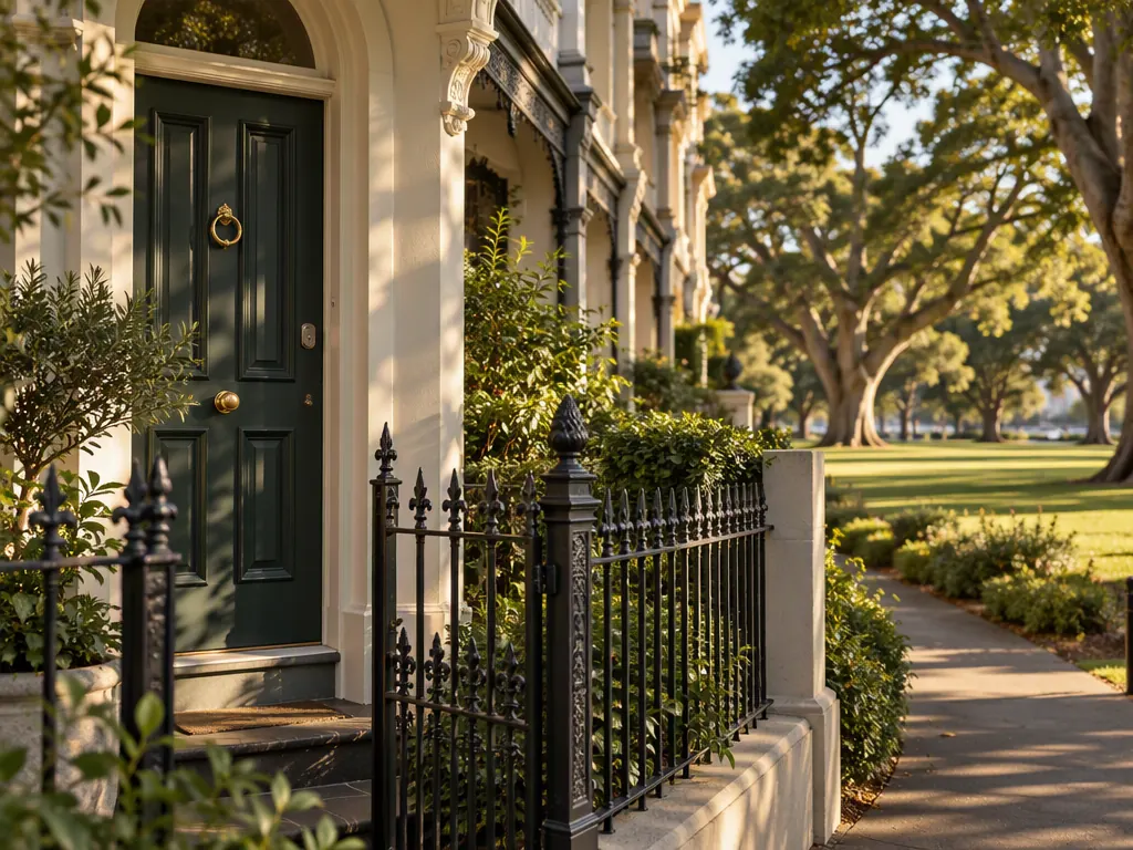Victorian terrace with a dark green timber front door and iron fence facing open parkland with fig trees