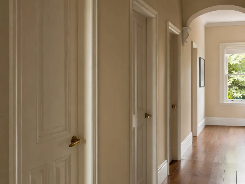 Hallway of a restored terrace home with panelled timber doors and polished floorboards