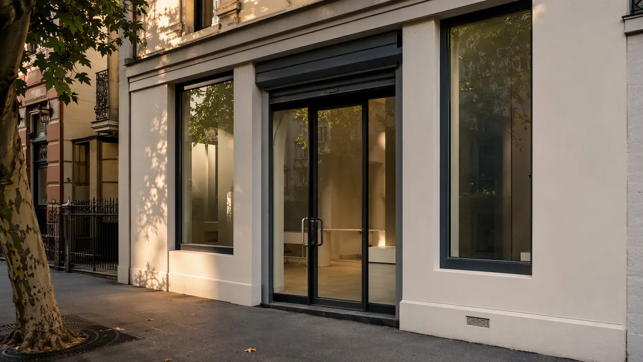 Quiet retail shopfront with glass door in early morning light
