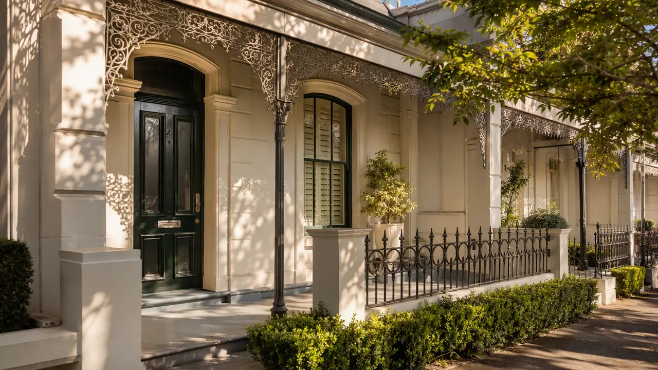 Victorian terrace facade with ornate wrought-iron lacework verandah