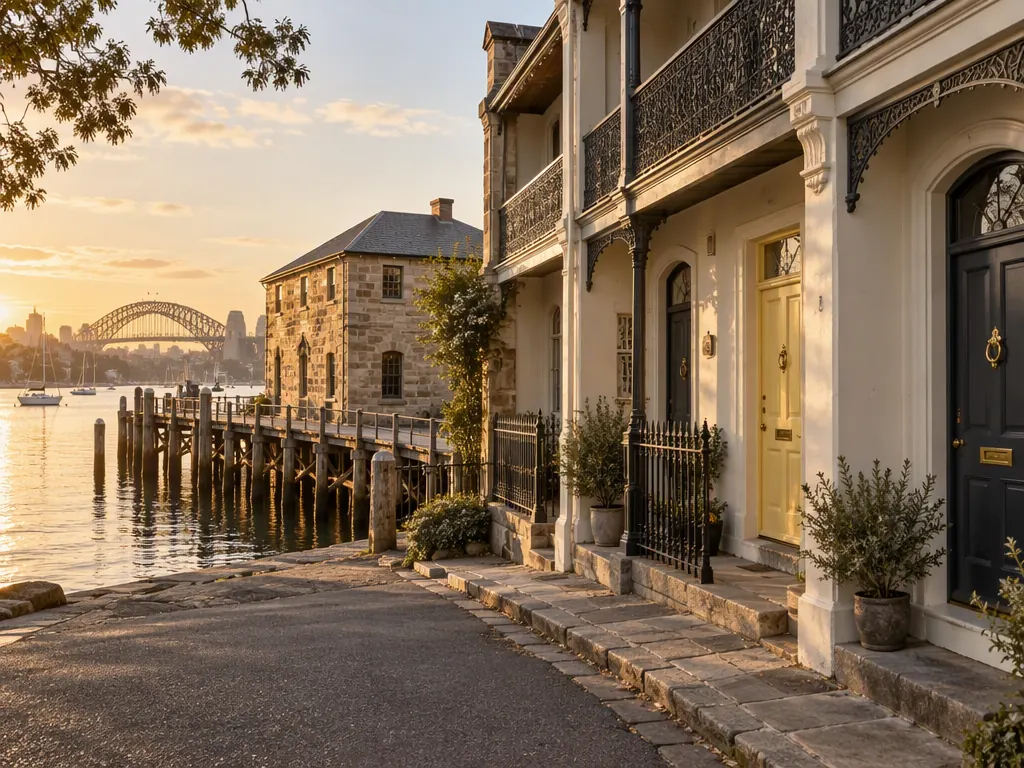 Heritage finger wharf on the harbour with a row of Victorian terraces and painted timber doors in morning light